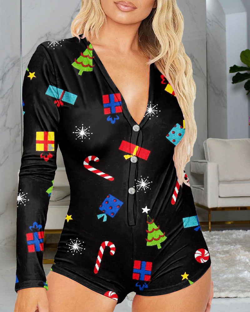 

Christmas Print Button Front Adult Onesie, Black