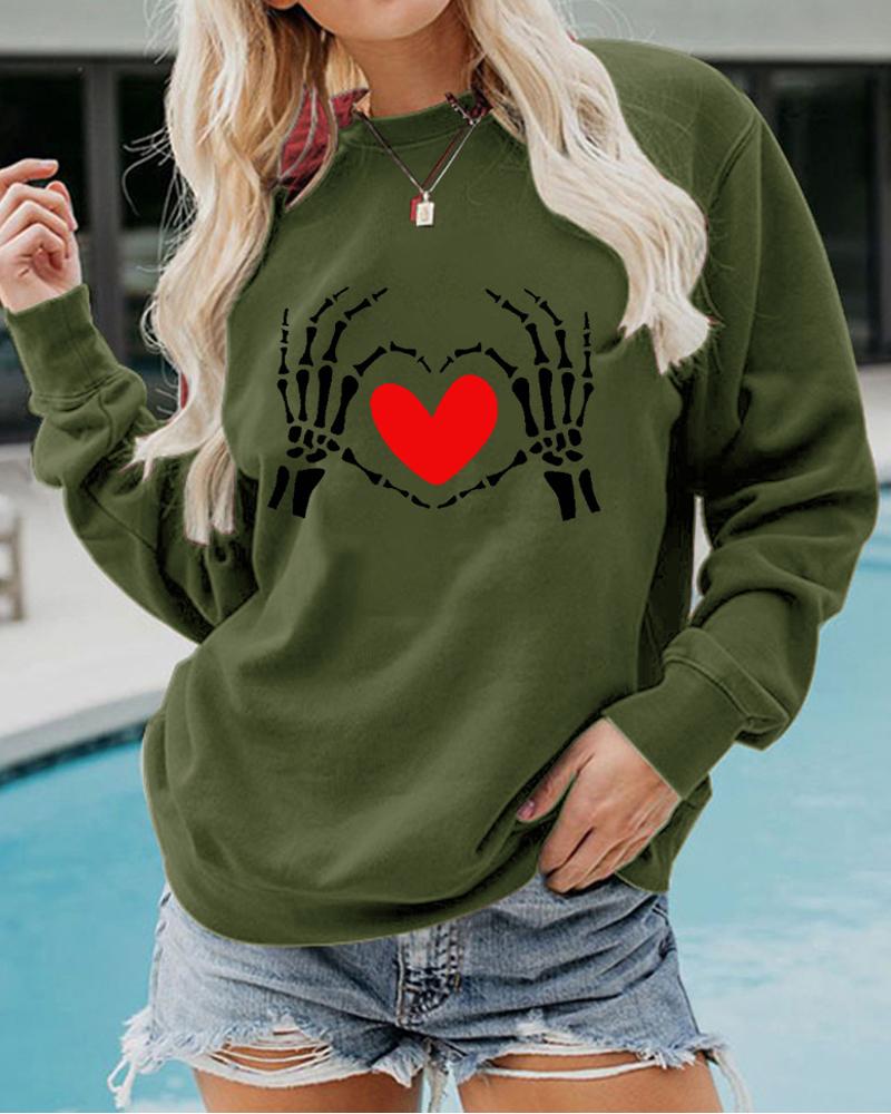 

Halloween Heart Print Long Sleeve Sweatshirt, Army green