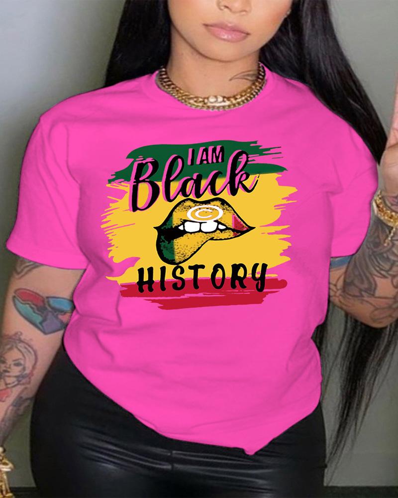 

Plus Size I Am Black History Lip Print Casual T-shirt, Hot pink