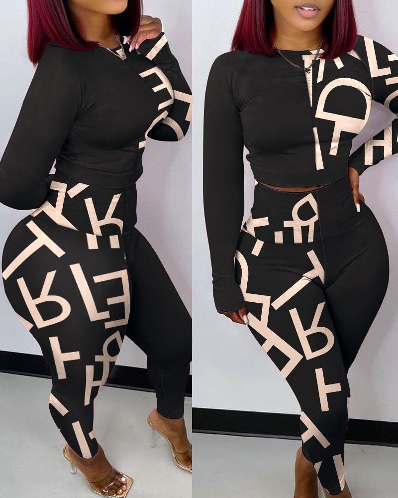 

Letter Print Colorblock Crop Top & High Waist Skinny Pants Set, Black