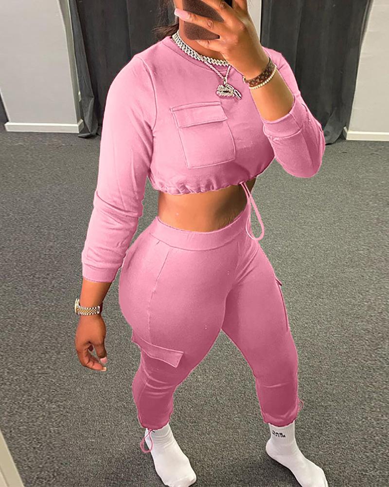 

Pocket Design Drawstring Crop Top & High Waist Pants Set, Pink