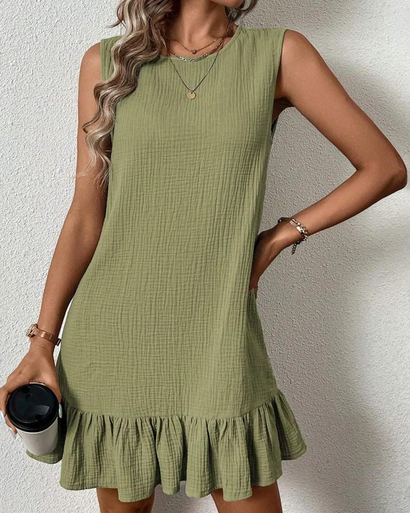 

Round Neck Sleeveless Ruffles Hem Dress Casual Loose Fit Mini Dress, Green