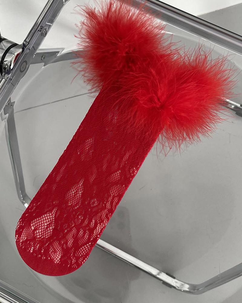 

1Pair Crochet Lace Feather Detail Socks, Red