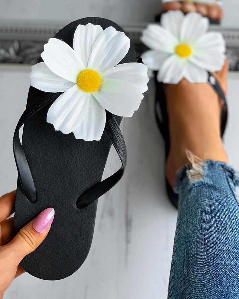 

Daisy Pattern Thong Sandals Flip Flops, Black