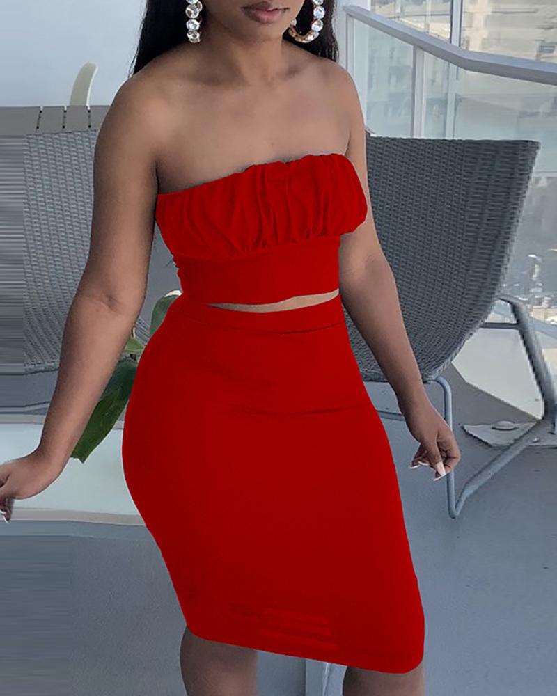 

Backless Ruched Tied Detail Bandeau Top & Skirt Set, Red