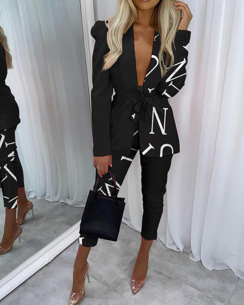 

Two Piece Sets Letter Print Shawl Collar Tie Front Blazer & Pants Set Elegant Work Suit, Black