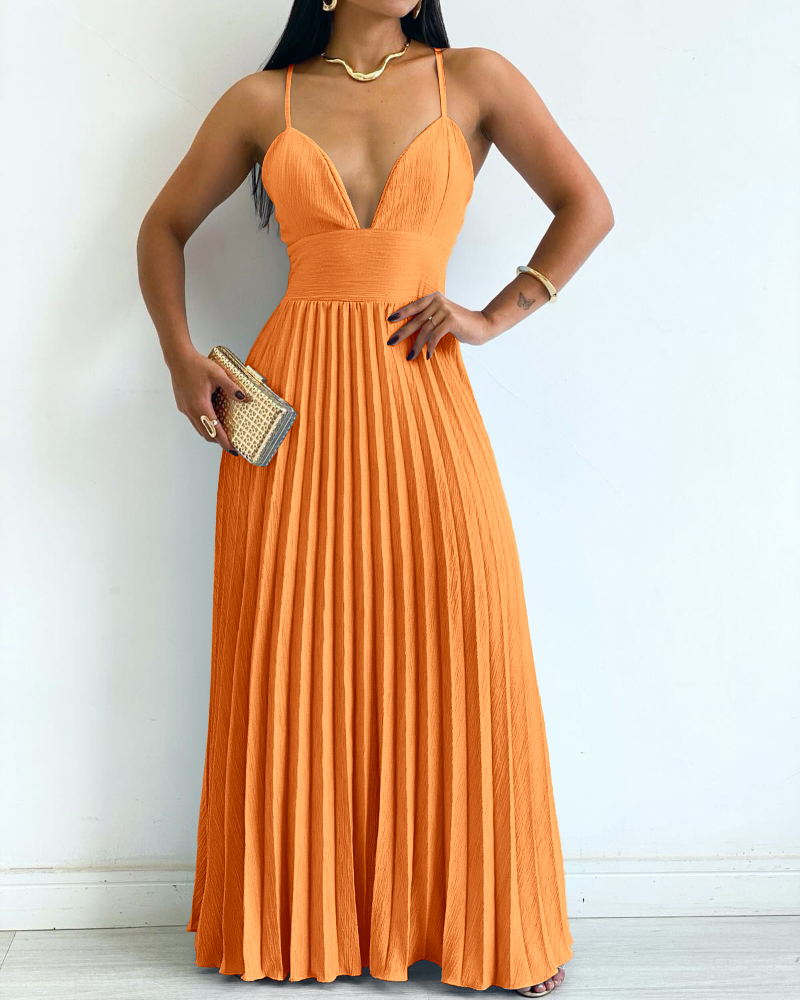 

Robe plissée sans manches à col en V Robe longue fluide et élégante à coupe trapèze, Orange