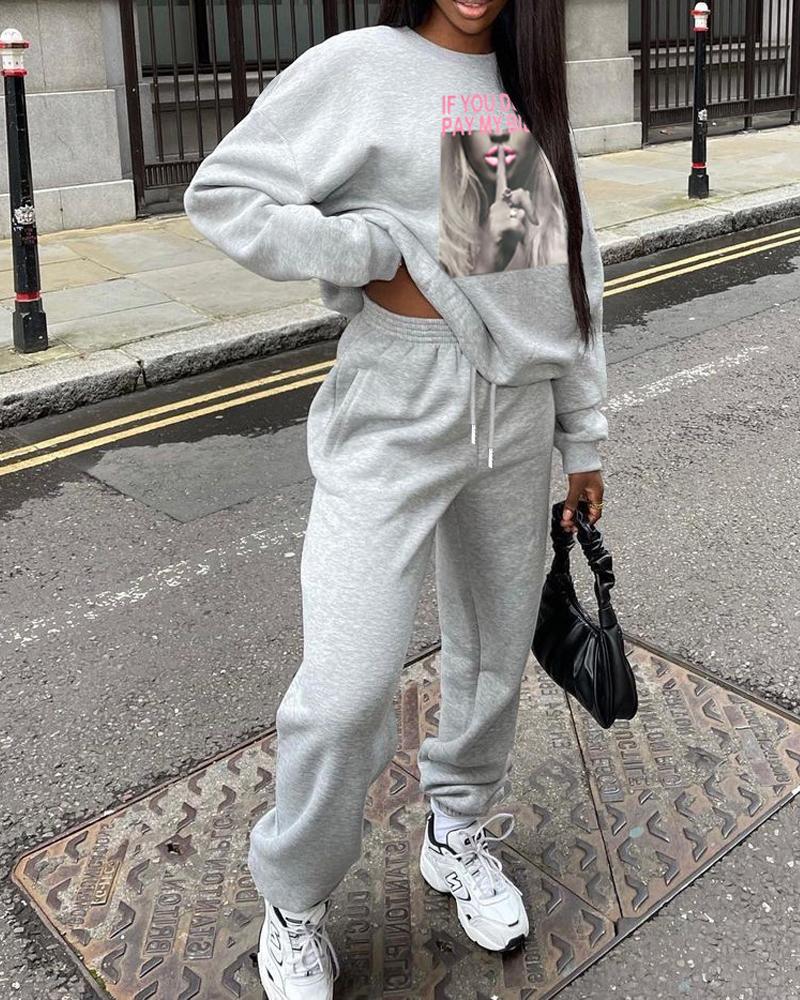 

Slogan Print Long Sleeve Top & Drawstring Pants Set, Gray