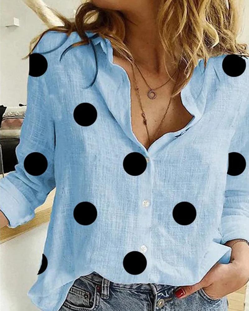 

Polkadot Print Long Sleeve Casual Shirt, Blue
