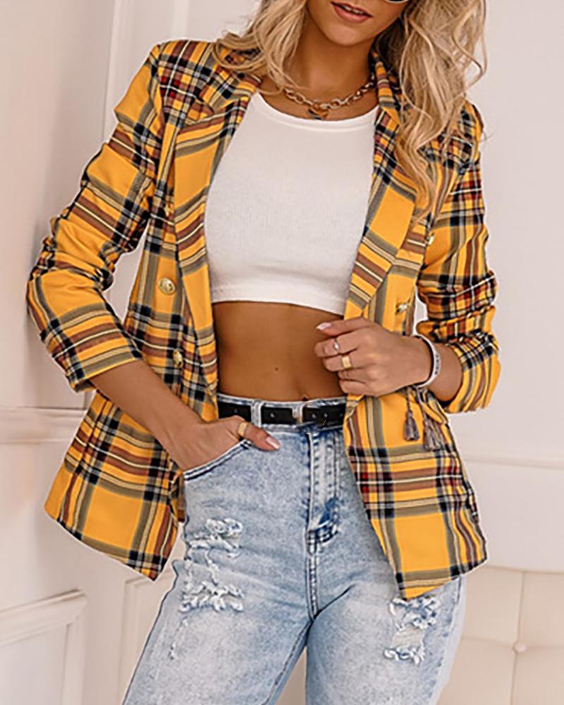 

Plaid Print Colorblock Pocket Decor Buttoned Blazer Coat, Yellow