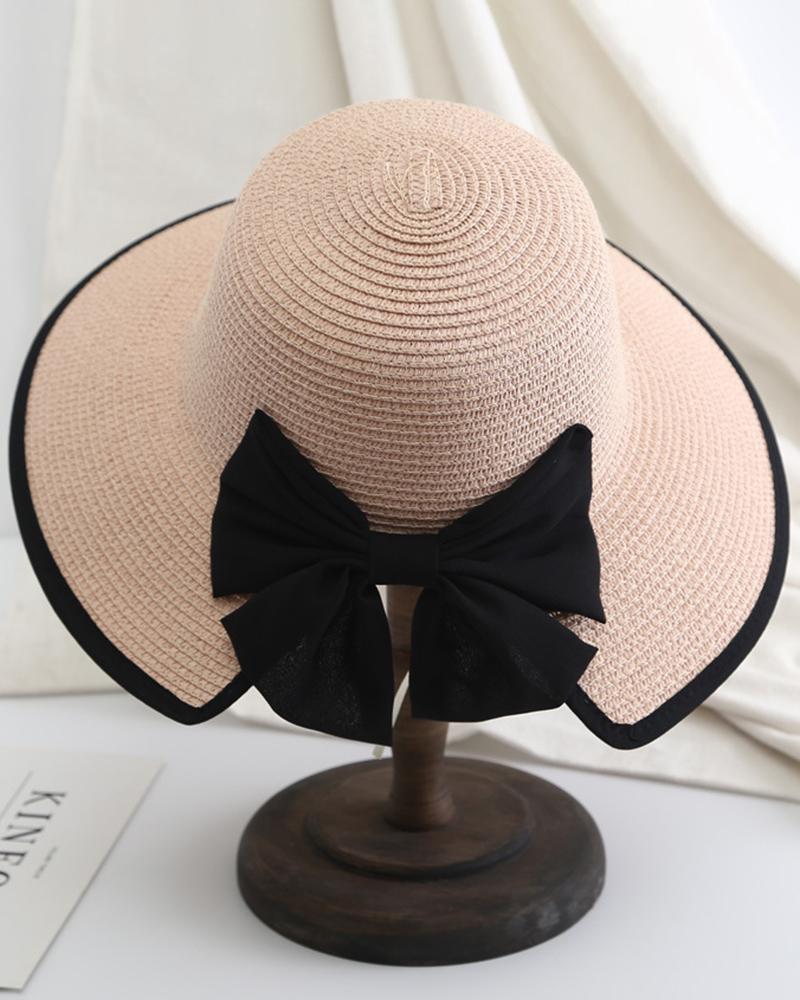 

Bowknot Decor Contrast Tape Wide Brim Straw Hat, Pink