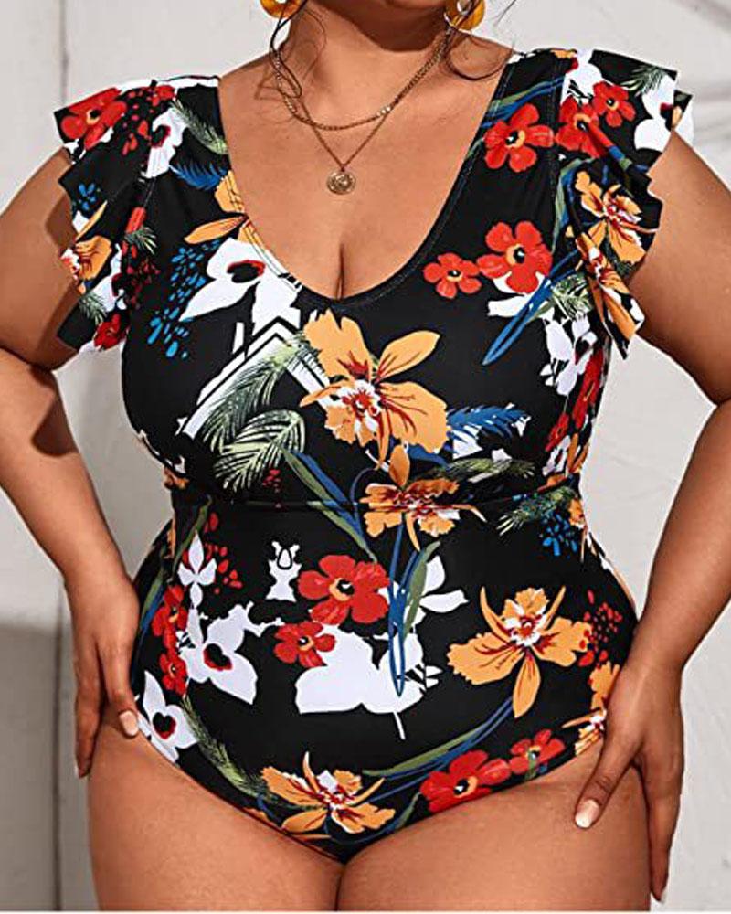 

Plus Size Tropical Print One-Piece Swimsuit, Black