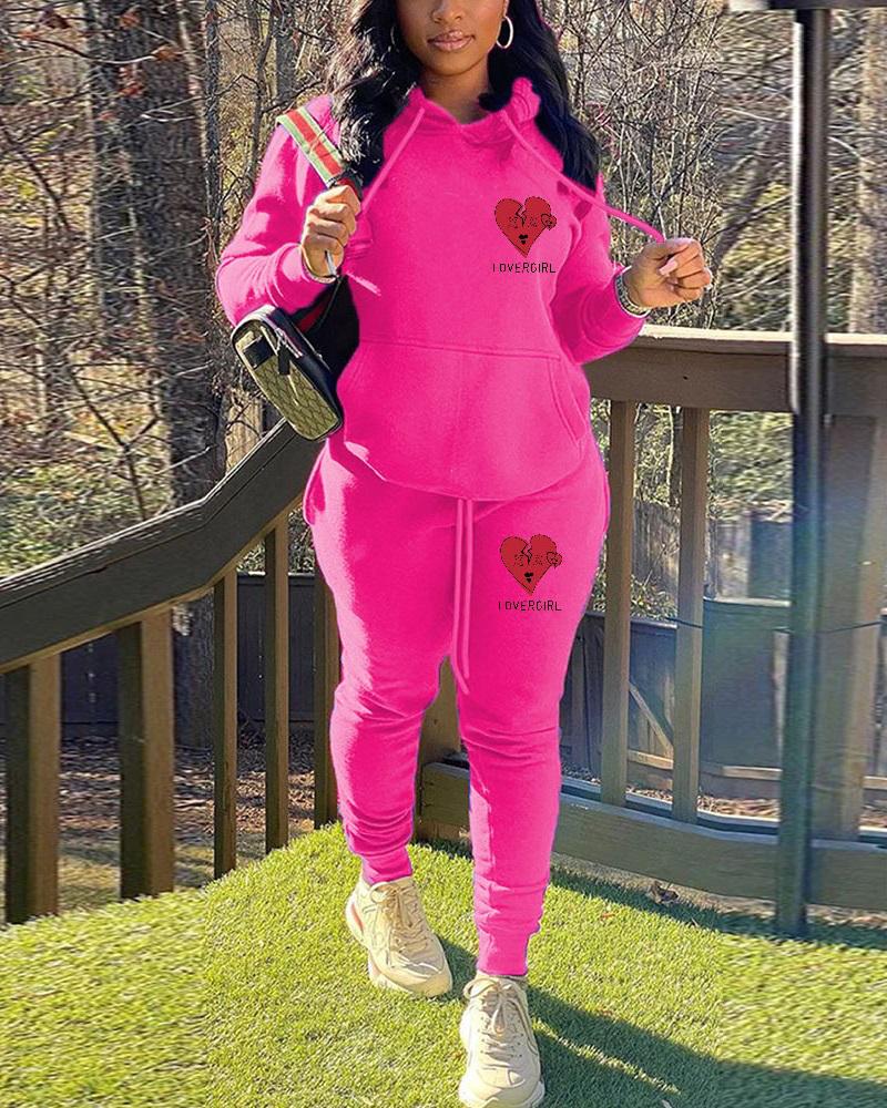 

Letter Heart Print Long Sleeve Hoodie & Pants Set, Hot pink