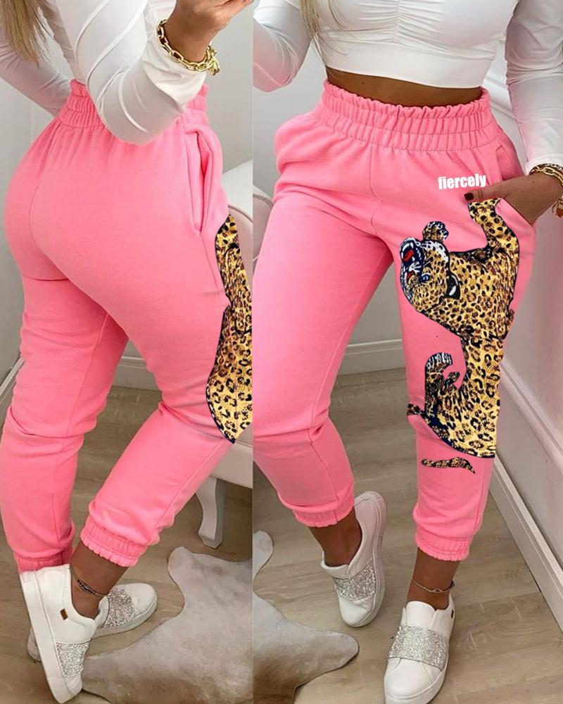 

Pocket Design Leopard Print Casual Pants, Pink