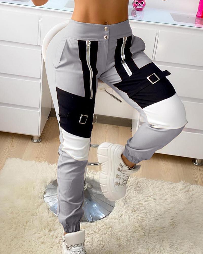 

Buckle Zipper Design Colorblock Casual Cargo Pants, Gray