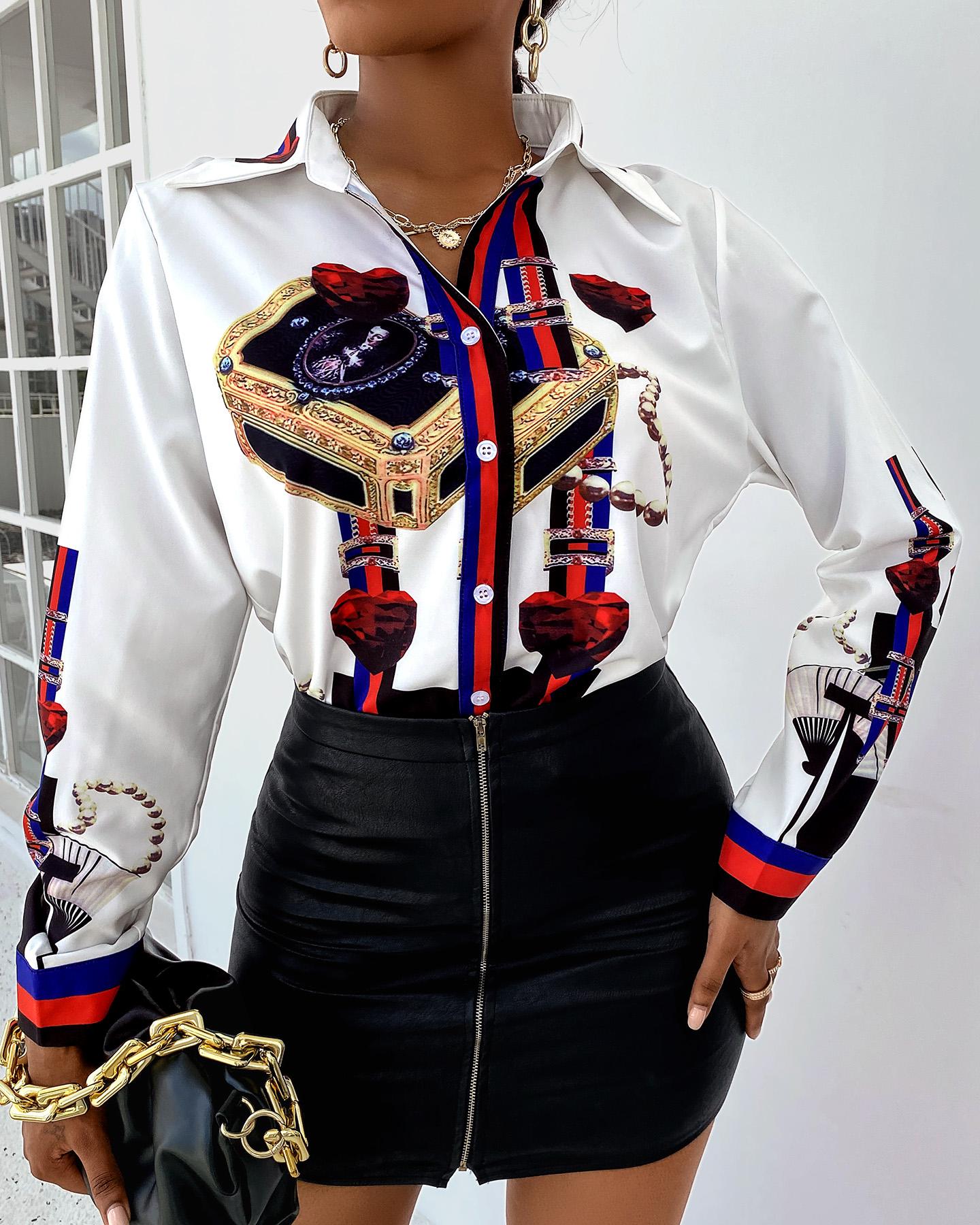 

Scarf Print Button Design Long Sleeve Shirt, White