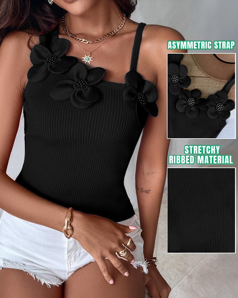 

1PC Floral Padrão Beaded Decor Malha Regata Camisa Sem Mangas, Black