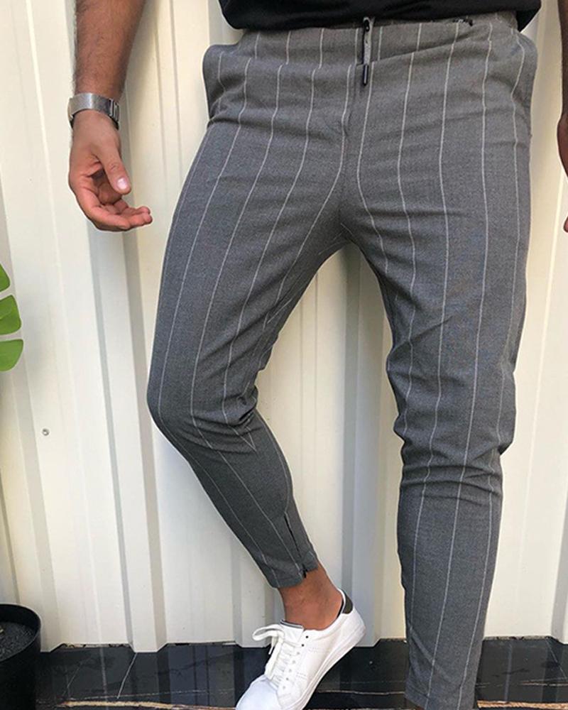 

Stripe Drawstring Zipper Skinny Pants, Gray