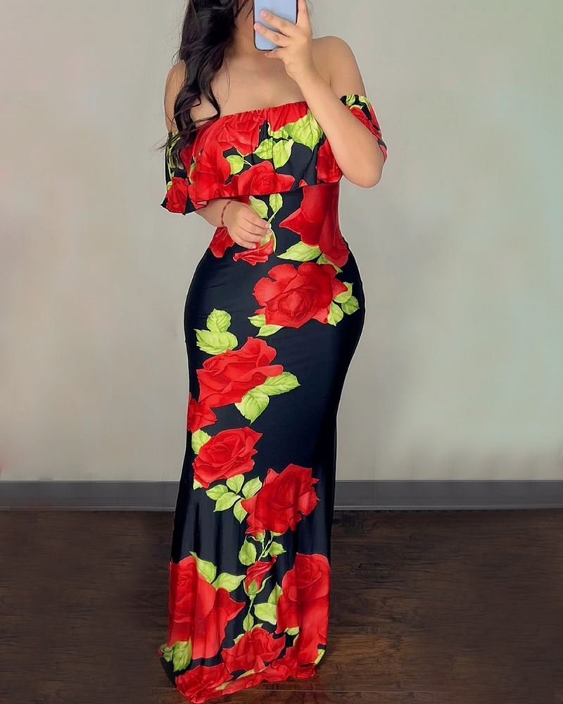 

Floral Print Off Shoulder Maxi Dress, Red
