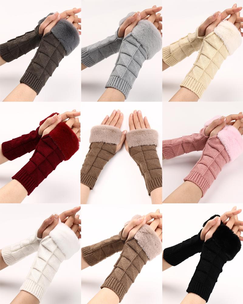 

1Pair Fuzzy Trim Warm Knit Fingerless Gloves, Khaki