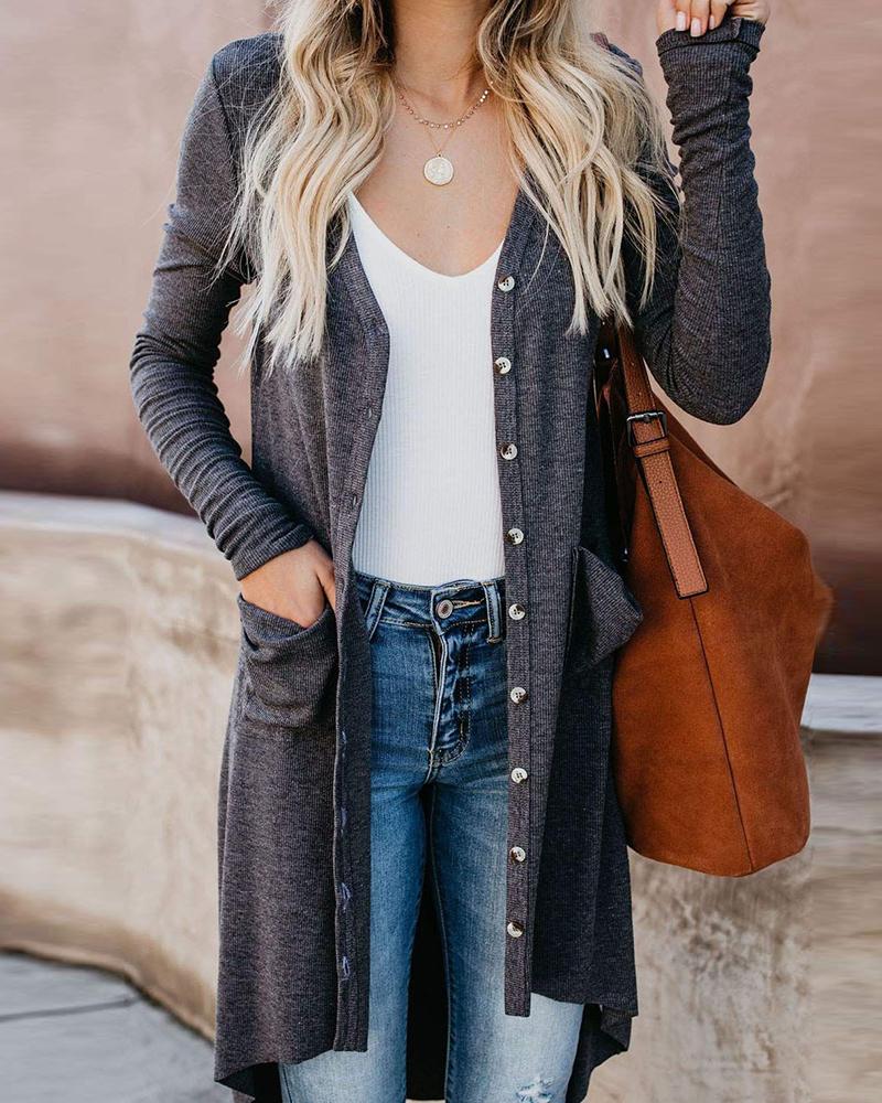 

Long Sleeve Button Front High Low Hem Cardigan, Dark grey