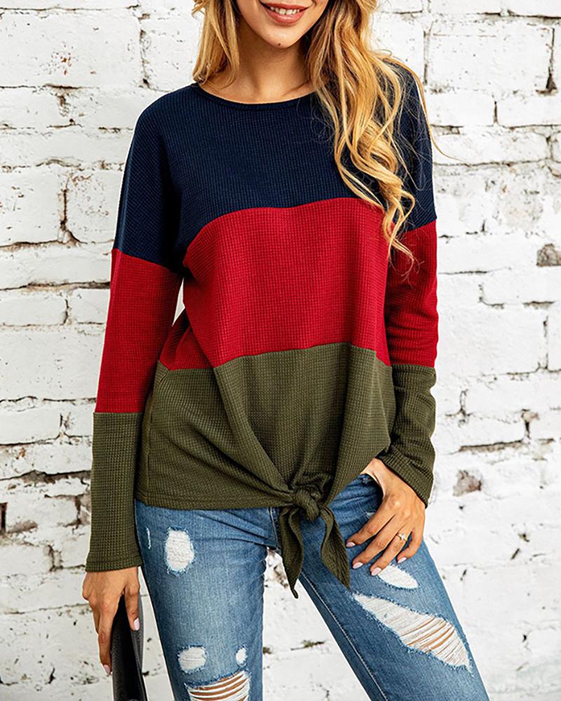

Colorblock Long Sleeve Knotted Casual Blouse, Army green