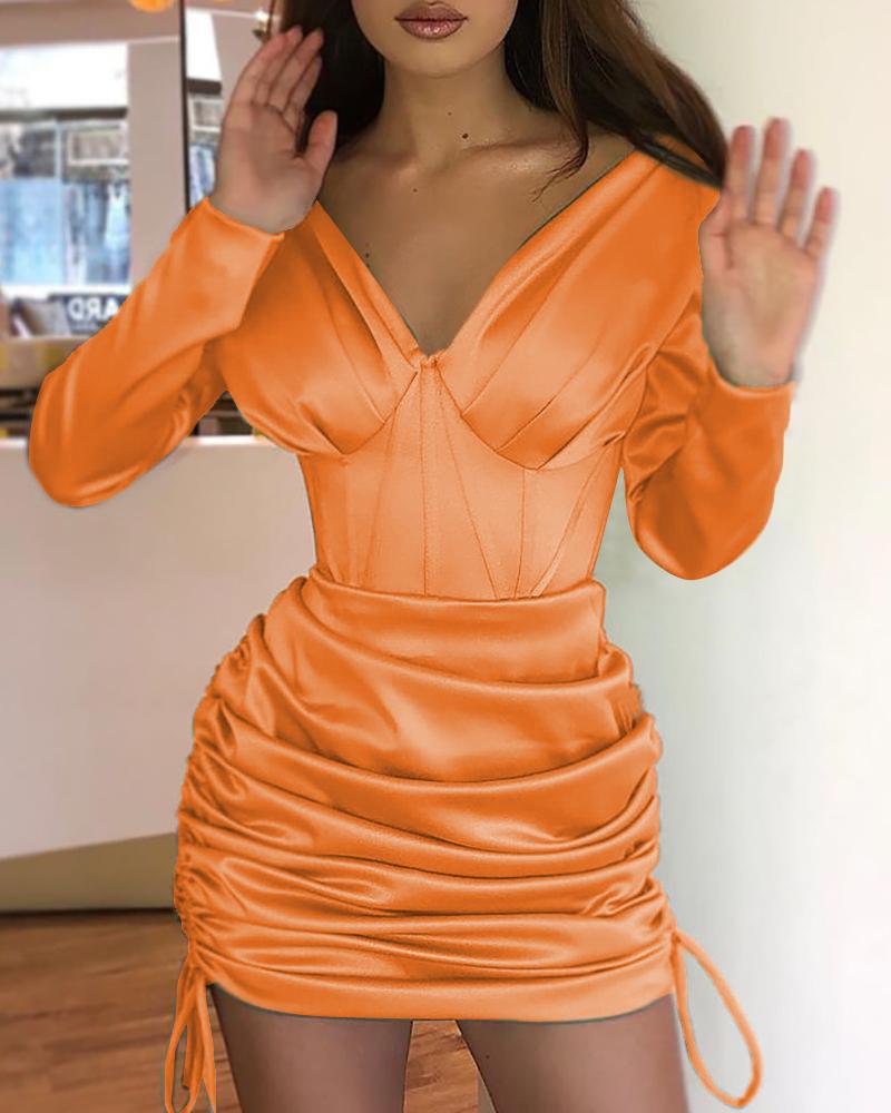 

Plain Long Sleeve Ruched Drawstring Bodycon Dress, Orange