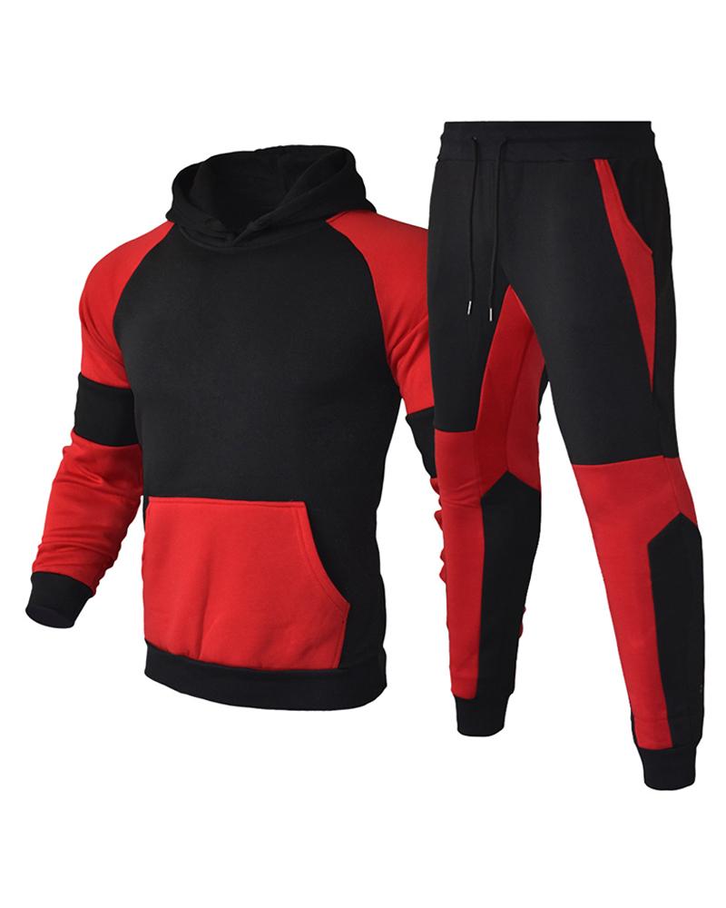 

Men Colorblock Pockets Hooded Top & Pants Set, Red
