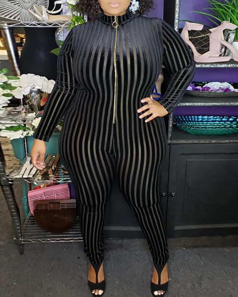 

Plus Size Sheer Mesh Zipper Front Skinny Jumpsuit, Black