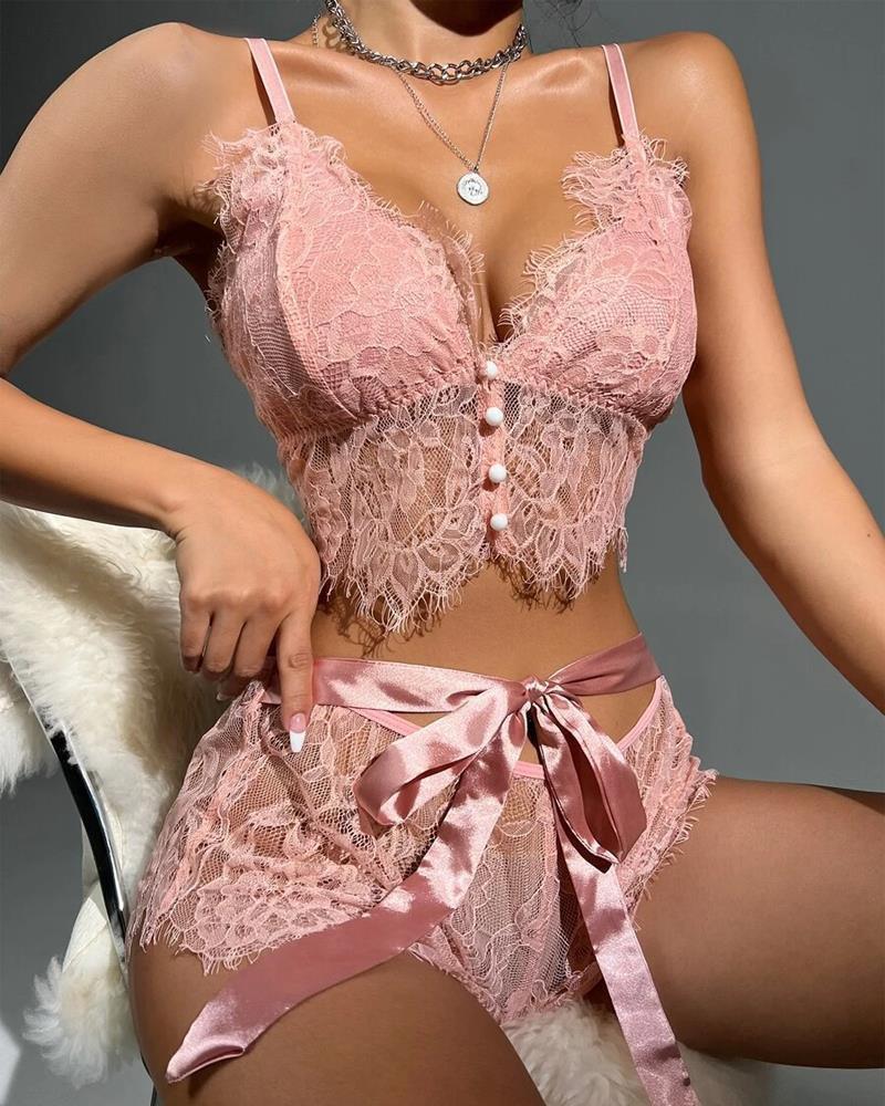 

Crochet Eyelash Lace Tied Detail Lingerie Set, Pink