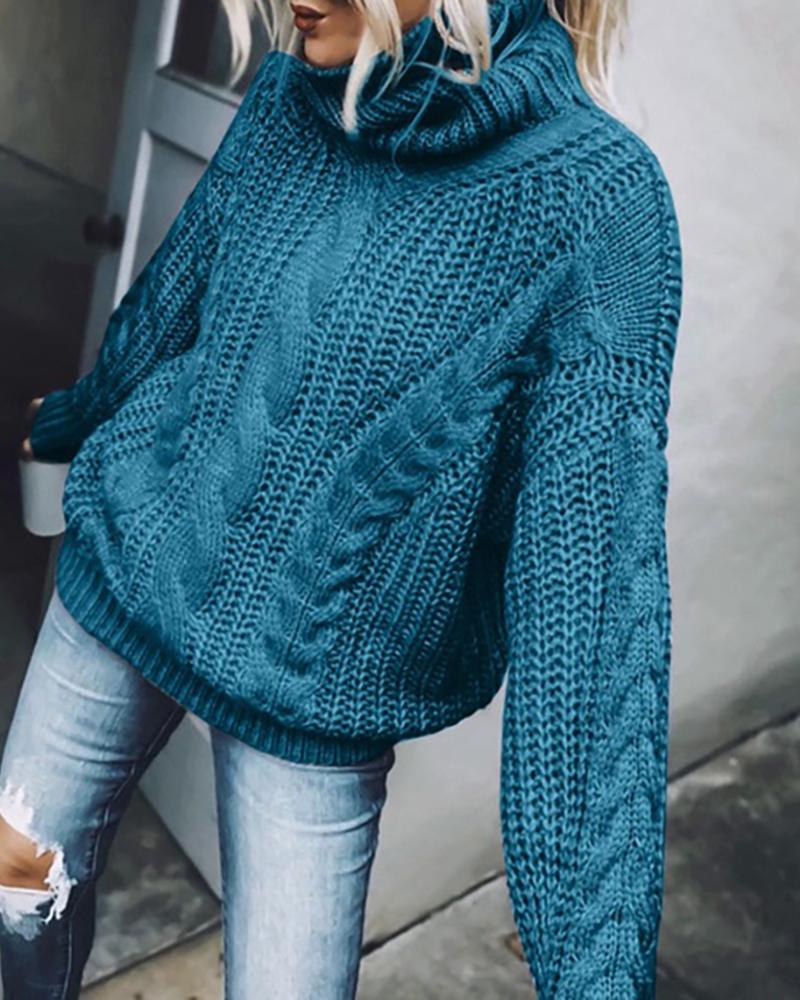 

High Neck Braided Long Sleeve Sweater, Blue