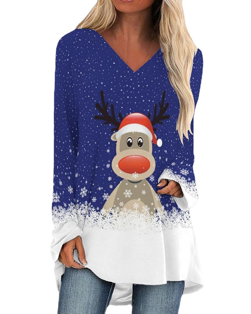 

Christmas V-Neck Elk Snowflake Print Top, Dark blue