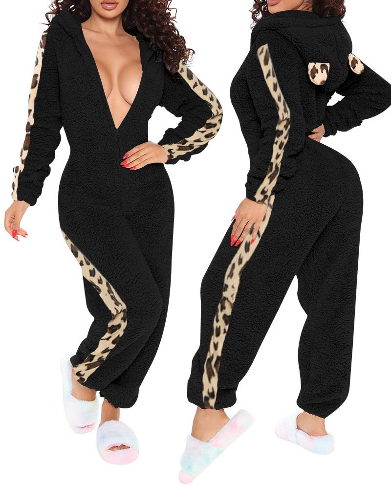 

Cheetah Print 3D Ear Zip Front Lounge Jumpsuit, Black