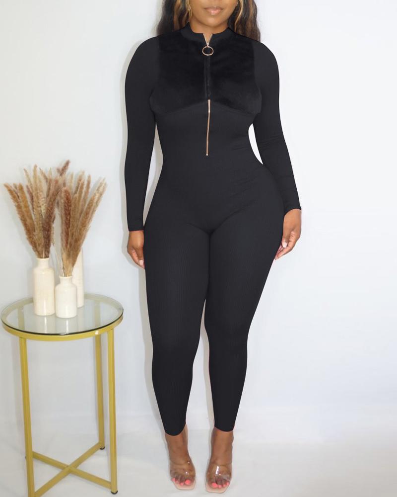 

Ribbed Zip Front Fuzzy Detail Long Sleeve Jumpsuit, Black