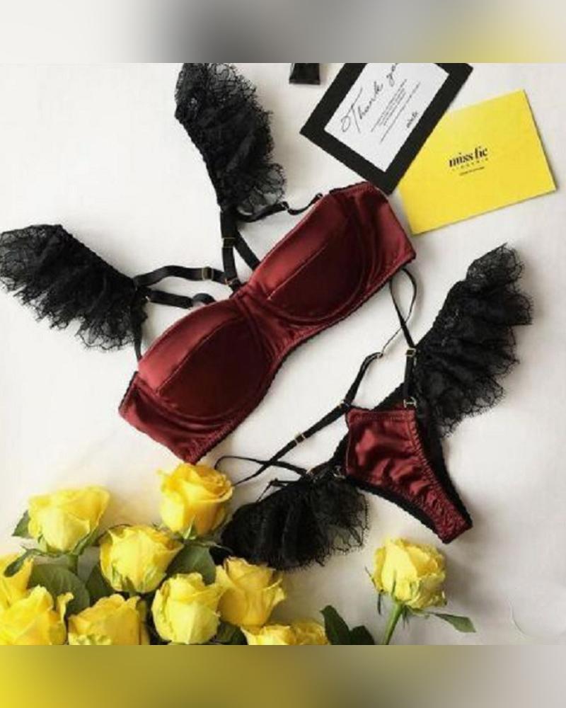 

Lace & Mesh Patchwork Strap Bra With Panties Bikini Sets, Wine red
