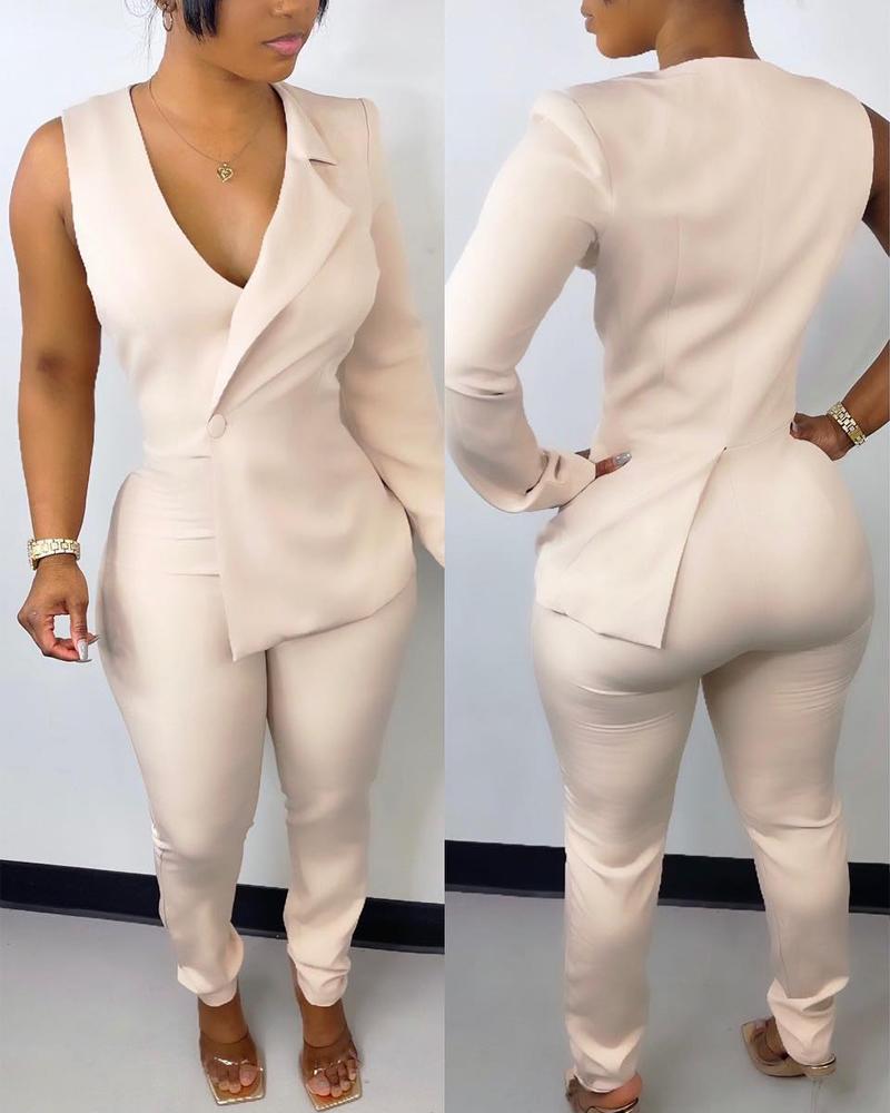 

Patchwork V-Neck Long Sleeve Jumpsuit, Apricot