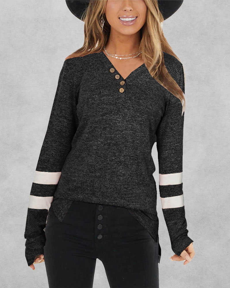 

Colorblock Button Front Split Hem Long Sleeve Top, Black