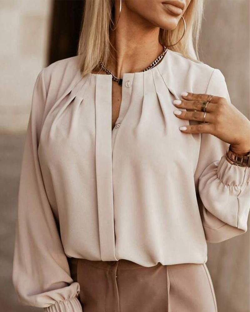 

O-Neck Long Sleeve Ruched Buttoned Top, Apricot