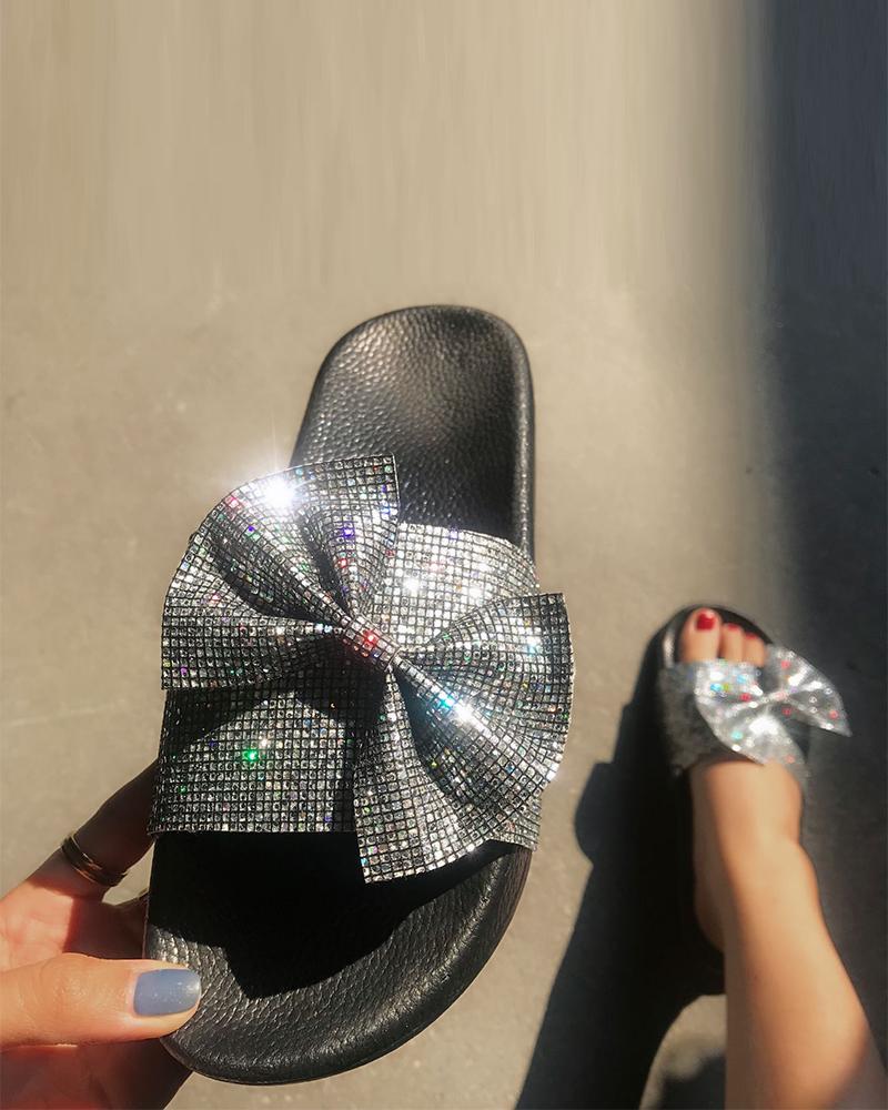 

Shiny Bowknot Upper Open-toe Platform Slippers Sandals, Silver