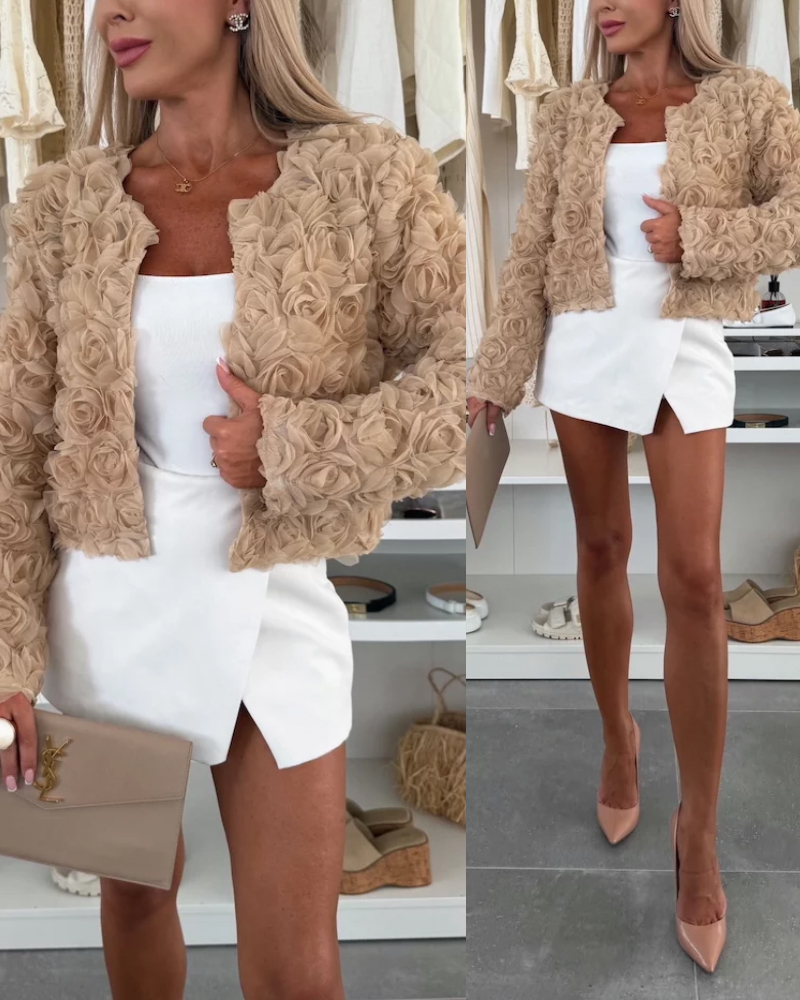 

Manteau décontracté à manches longues et imprimé floral 3D, Khaki