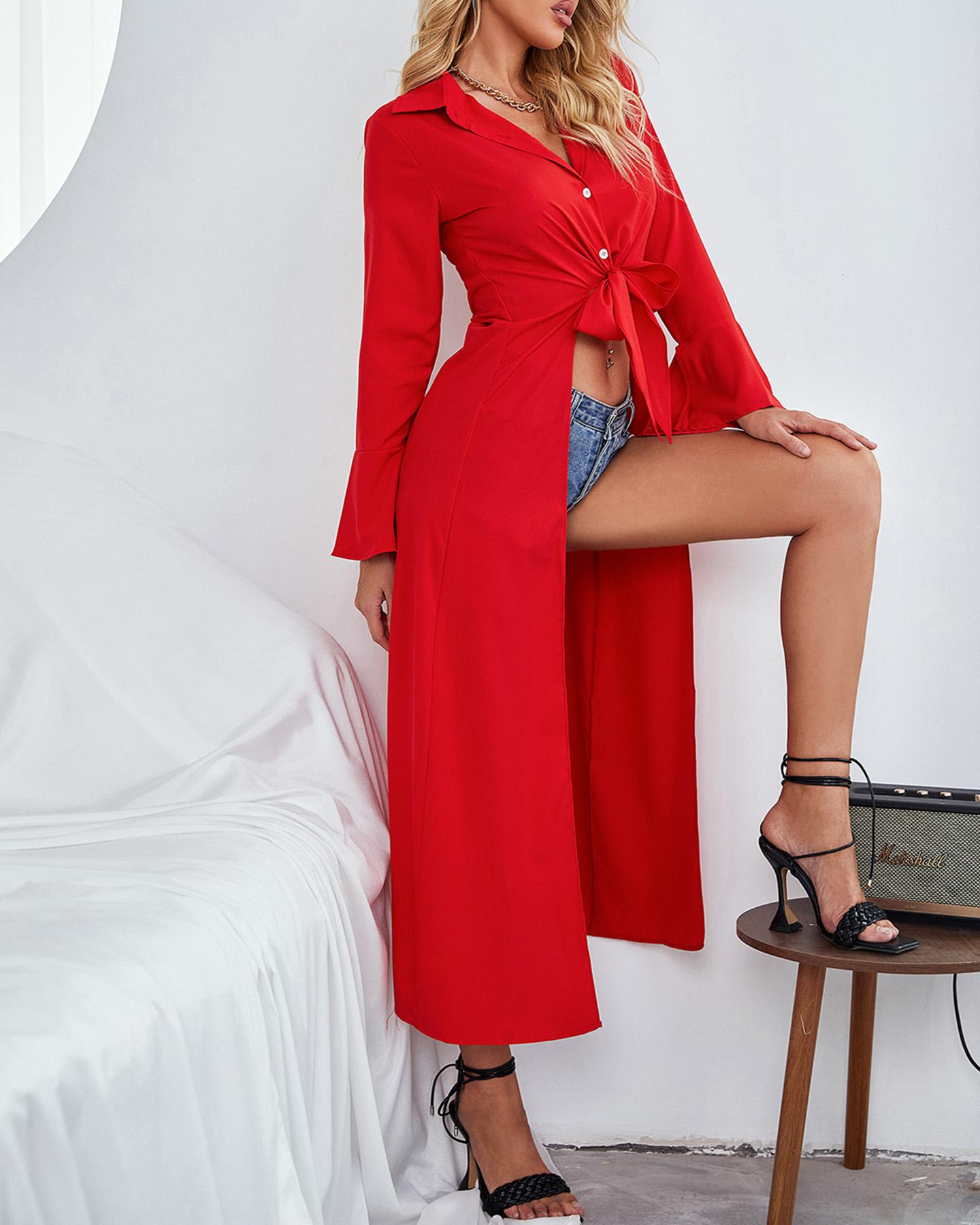 

Asymmetrical Strap Trumpet Sleeve Button Front Top, Red