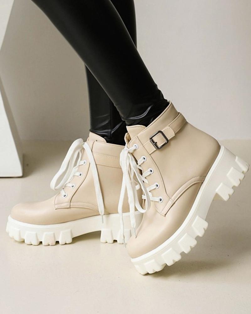 

Round-toe Solid Color PU Leather Lace-up Biker Boots, Beige