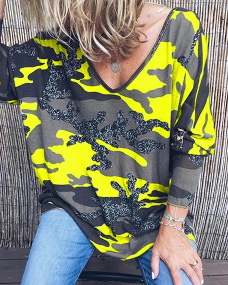 

Plus Size Camouflage Print Long Sleeve Top, Yellow