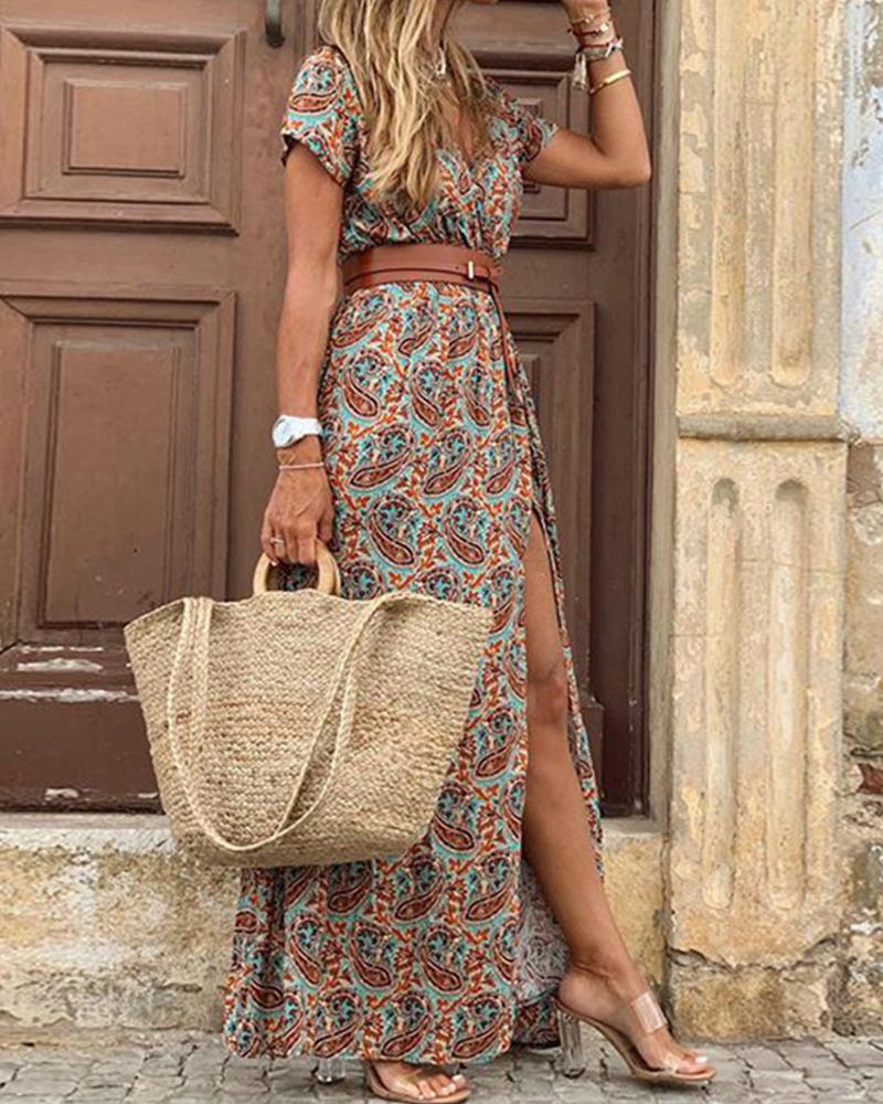 

Floral Print Short Sleeve Loose Boho Dress, Brown