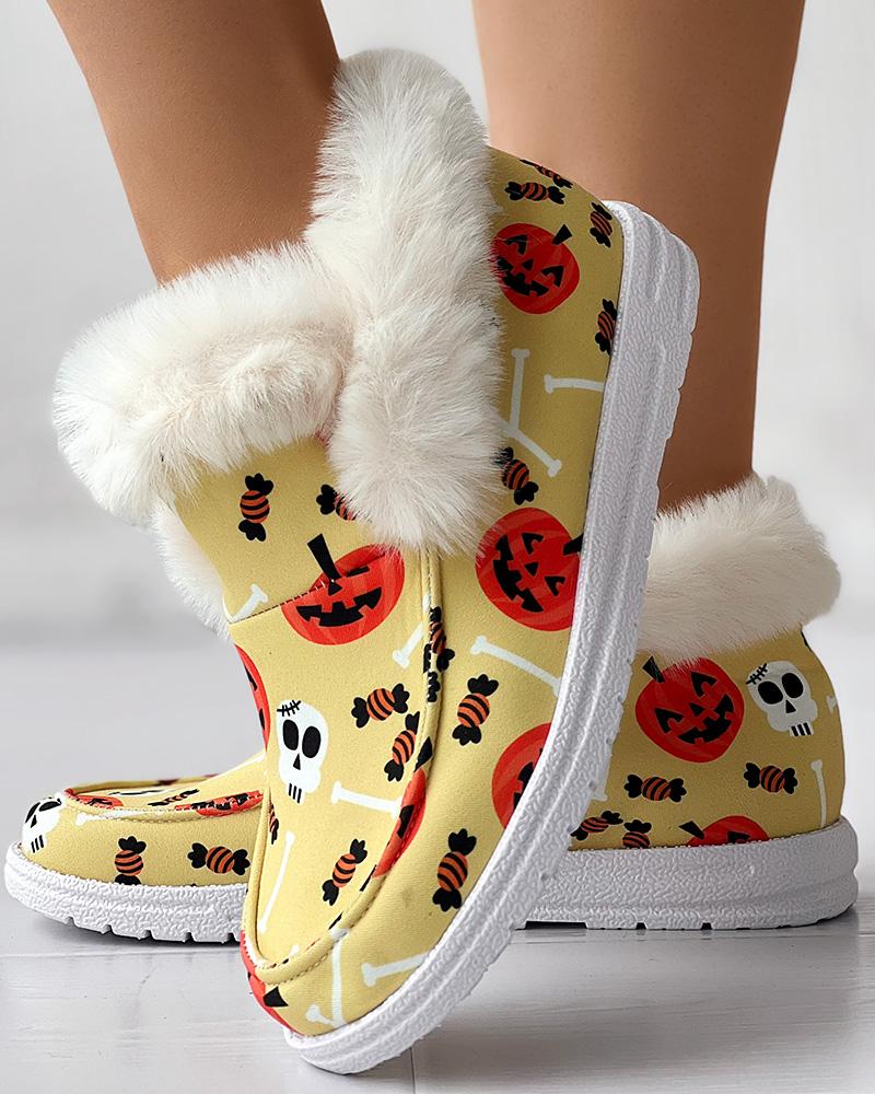 

Halloween Skeleton Pumpkin Print Fuzzy Detail Lined Ankle Boots, Yellow