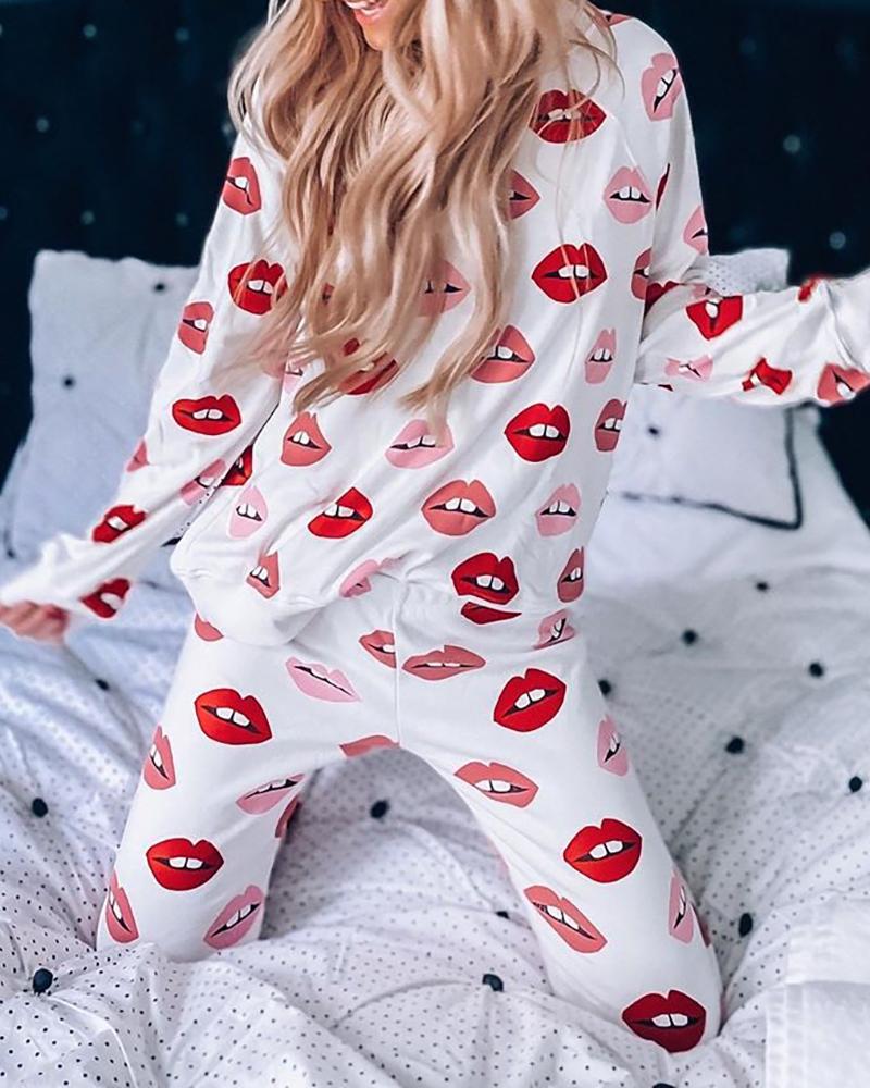 

Lip Print Long Sleeve Casual Pajamas Set, White