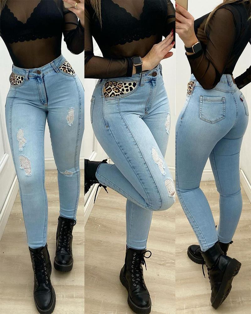 

Leopard Print Ripped Skinny Jeans, Blue