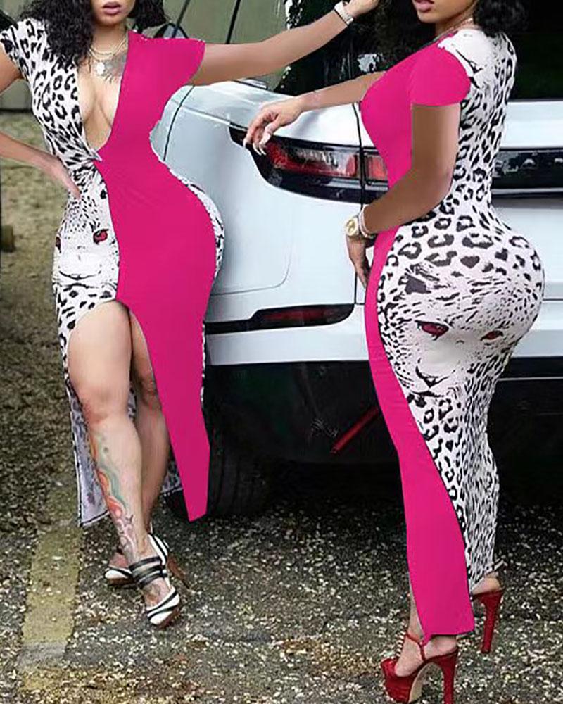 

Leopard Print Colorblock Slit Skinny Dress, Pink