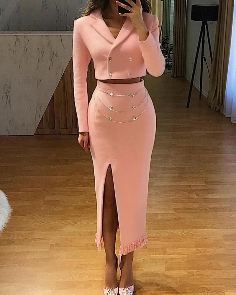 

Double Breasted Blazer Coat & Slit Chain Strap Maxi Skirt Set, Pink