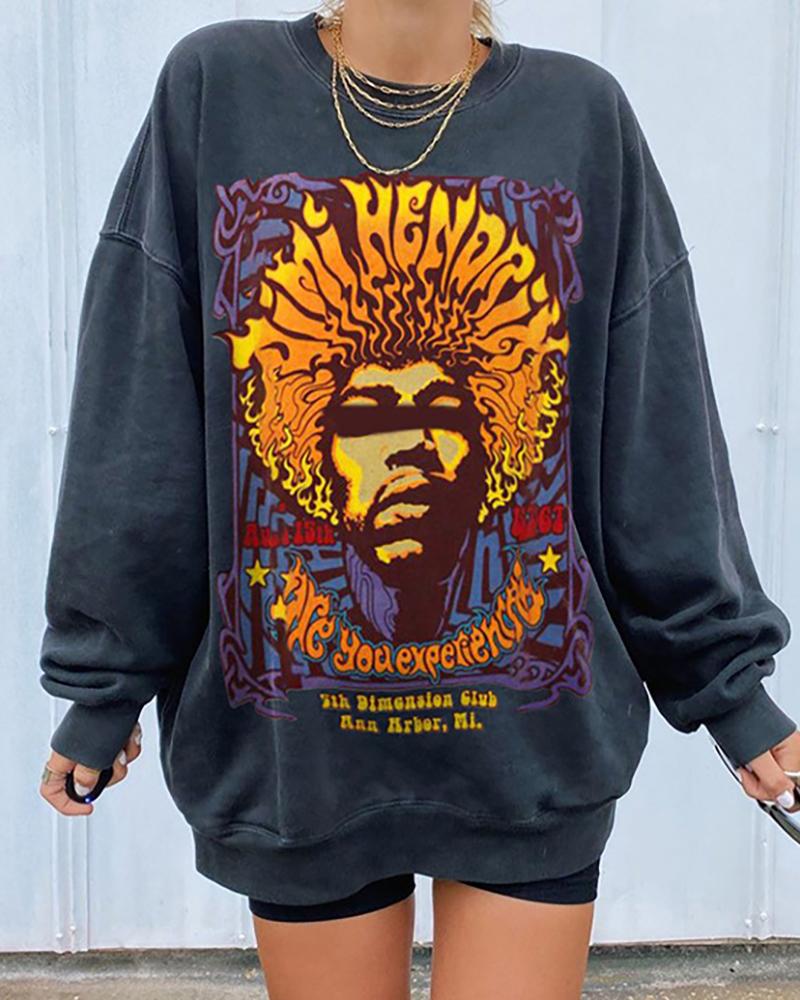 

Figure Print Long Sleeve Casual Sweatshirt, Dark grey